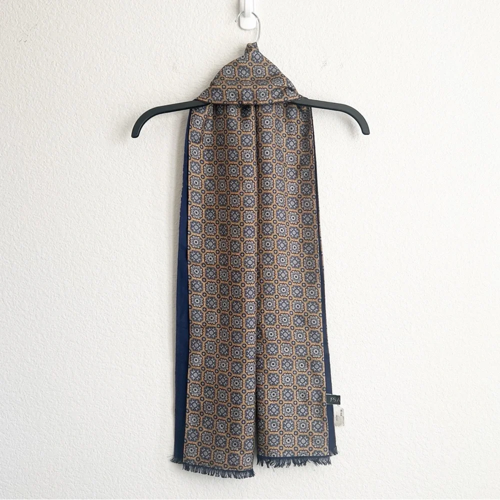 Jos. A. Bank Silk Patterned Scarf in Blue and Gold, NEW